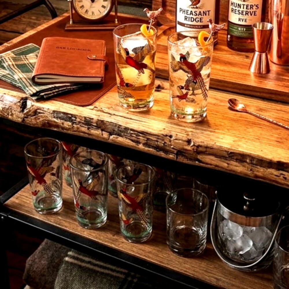 Hazel-Atlas ring-necked pheasant highball glasses game birds green grass details